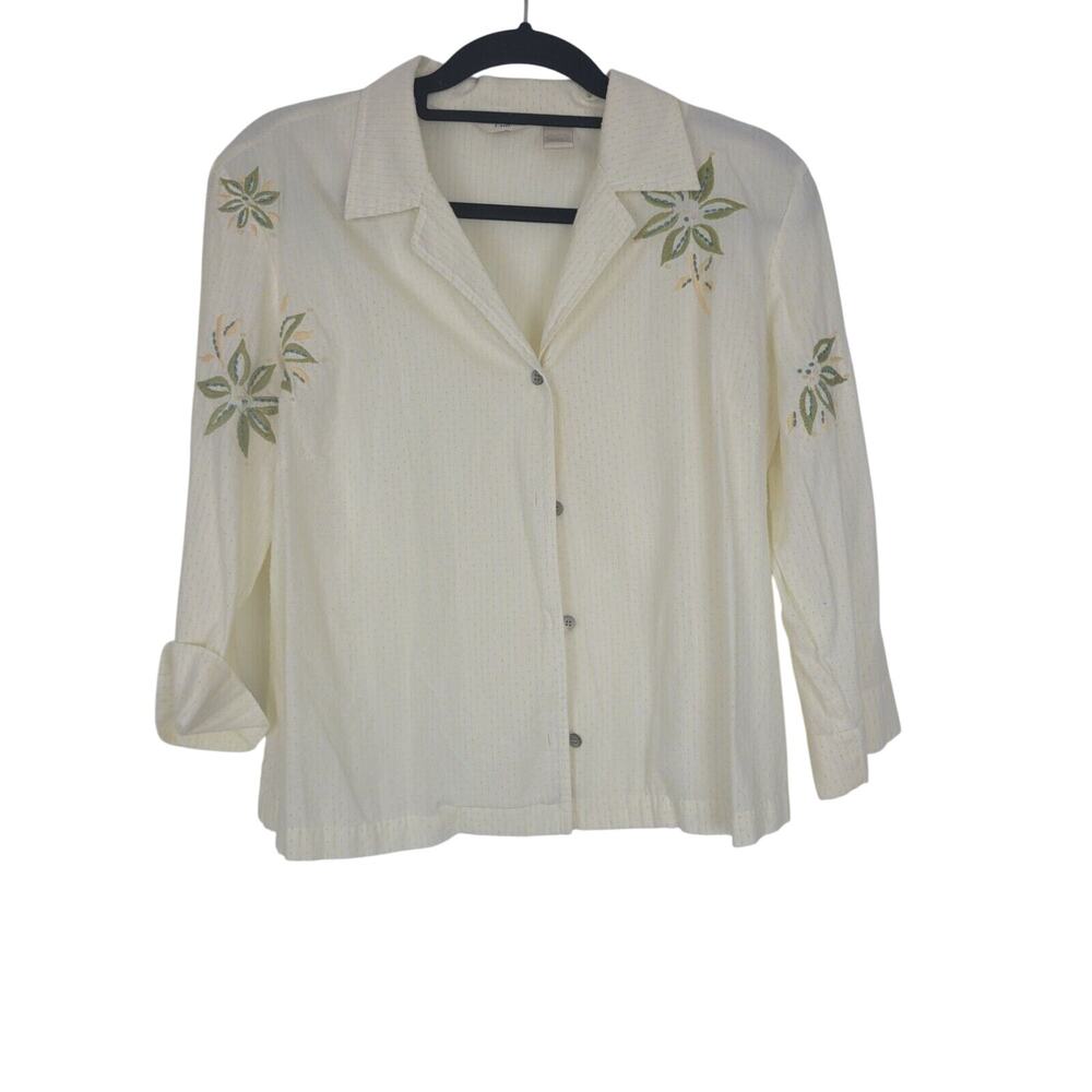 J. JIll Button Front 12 Womens Yellow Embroidered Collared‎ Long Sleeve Top
